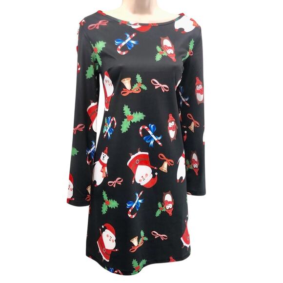Christmas Dress Side Pockets Long Sleeve Black Background with Fun Holiday Print - Picture 5 of 16
